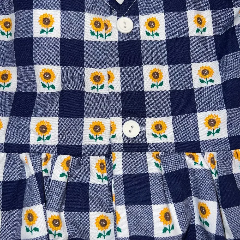 Vintage sunflower fall gingham navy blue and white girls dress tie in back Sz 4